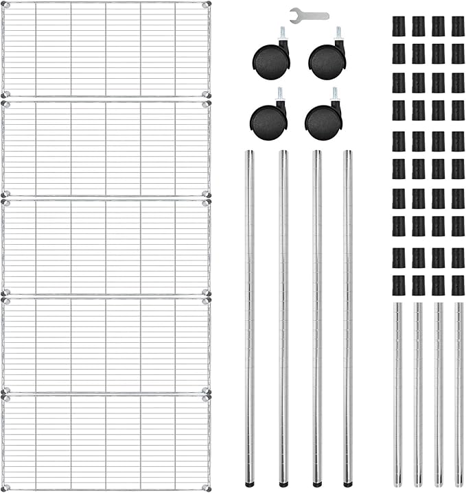HealSmart Heavy Duty 5-Shelf Storage Shelves, 1750Lb Loading Capacity, 35.43" W x 17.72" D x 70.87" H Adjustable Shelving Unit with Wheels, Chrome