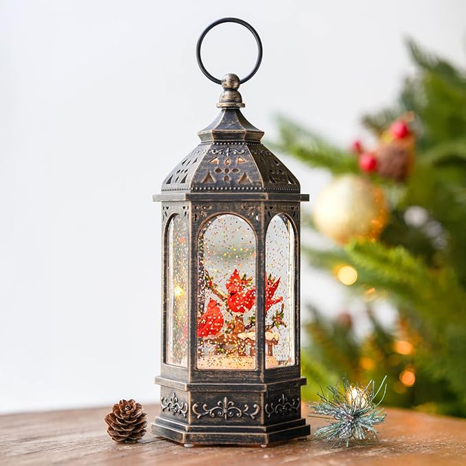 Christmas Snow Globe Lantern Water Glittering 10.5'' Cardinal with Music& Timer, USB Lined/Battery Operated Lighted Lantern for Christmas Festival Decoration Gifts