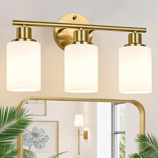 3-Light Bathroom Light Fixtures, Brushed Gold Vanity Light, Farmhouse Wall Lights with Milky White Frosted Glass Shades, Bathroom Wall Lamp for Mirror Kitchen Bedroom Hallway Living Room
