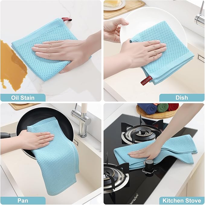 Homaxy 100% Cotton Kitchen Towels and Dishcloths Set, 12 x 12 Inches and 13 x 28 Inches, Set of 12 Bulk Kitchen Towels Set, Ultra Soft Absorbent Dish Cloths for Washing Dishes, Sky Blue