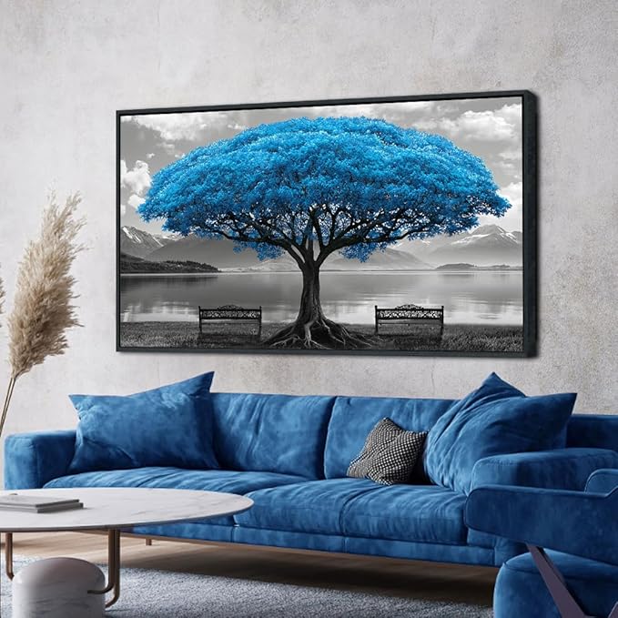 Blue Tree Framed Canvas Wall Art for Living Room Large Size Wall Decor For Bedroom Black And White Wall Pictures Lake Scenery Wall Painting Office Decor Room Home Decoration Black Framed 24X48IN