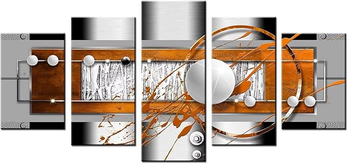 AWLXPHY Decor Abstract Wall Art Canvas Yellow and White 5 Panels for Living Room Decor Modern Framed Geometric Painting Simple Round Circle Line HD Print Artworks Giclee(W60'' x H30'')