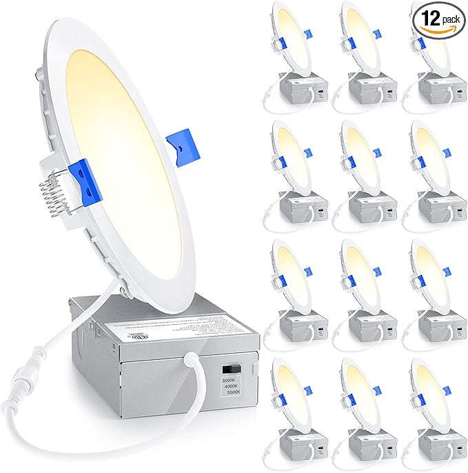 Ensenior 12 Pack 6 Inch LED Recessed Light, Dimmable, 3000K-5000K 3CCT, 1050LM High Brightness, 12W 120V, Damp Rated, Ultra-Thin Canless Wafer Ceiling Light - ETL & FCC & IC