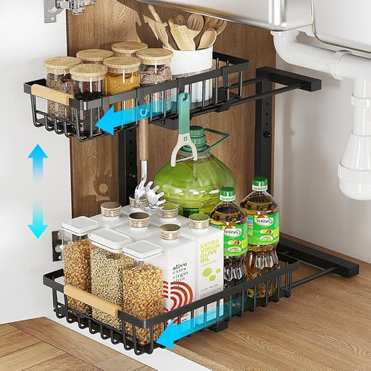 Under Sink Organizer, 2 Tier Metal Under Sink Organizers and Storage, Height Adjustable Slide out Pull out Cabinet Organizer for Kitchen Bathroom