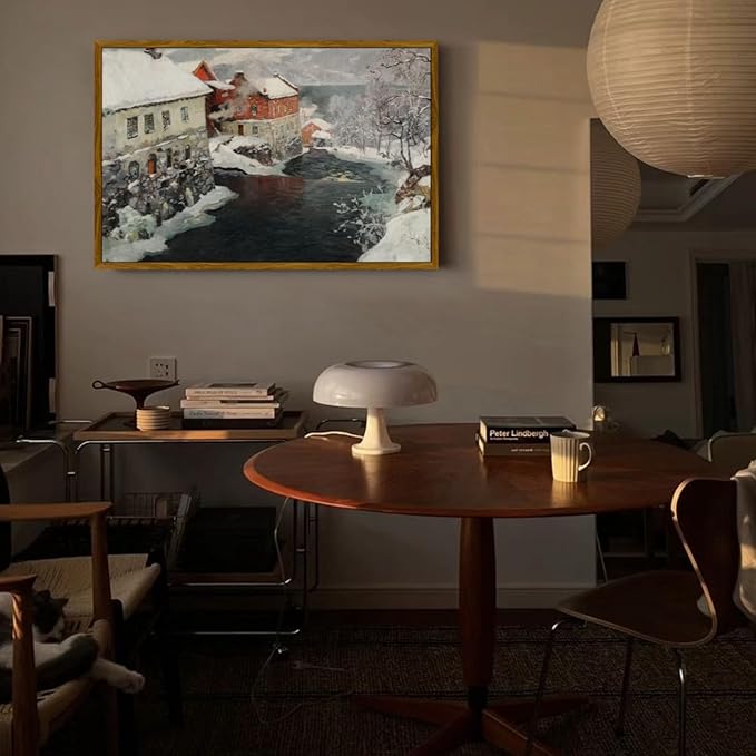 crmotu Framed Canvas Wall Art, Country Winter Scene Vintage Art Prints, Riverside Old Architecture Landscape Painting, Snow Scenery Rustic home Decor Living Room Bedroom, Farmhouse Wall Decor 20x30in