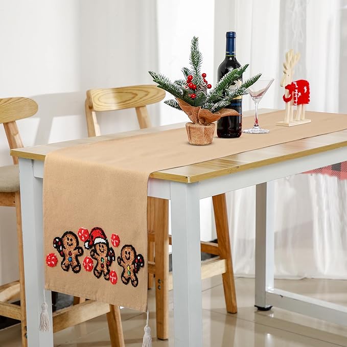 Breling Christmas Gingerbread Man Table Runner Jacquard Christmas Gingerbread Man Table Runner Winter Xmas Holiday Kitchen Dining Decoration for Home Winter Holiday Kitchen Decor 13x72 Inch (Brown)