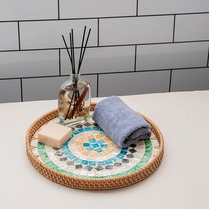 11.81" Decorative Round Mother Pearl Inlay Tray Rattan Wooden Base for Fruit Serving, Coffee Table Tray, Storage and Display Organizer (Colorful Square13.8)