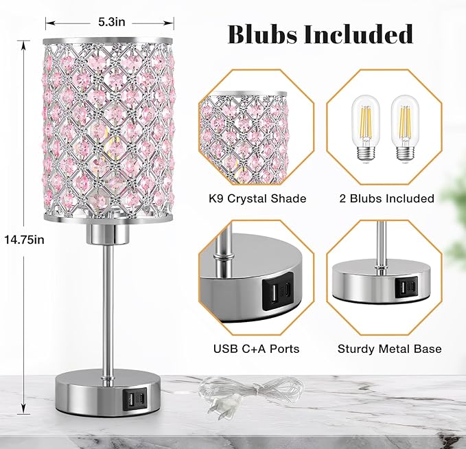 Pink Crystal Table Lamp, Touch Control Bedside Lamps with USB-C+A Charging Ports, 3-Way Dimmable Nightstand Small Desk Lamp Set of 2 for Girl Bedroom, Living Room, Office(Buld Included)