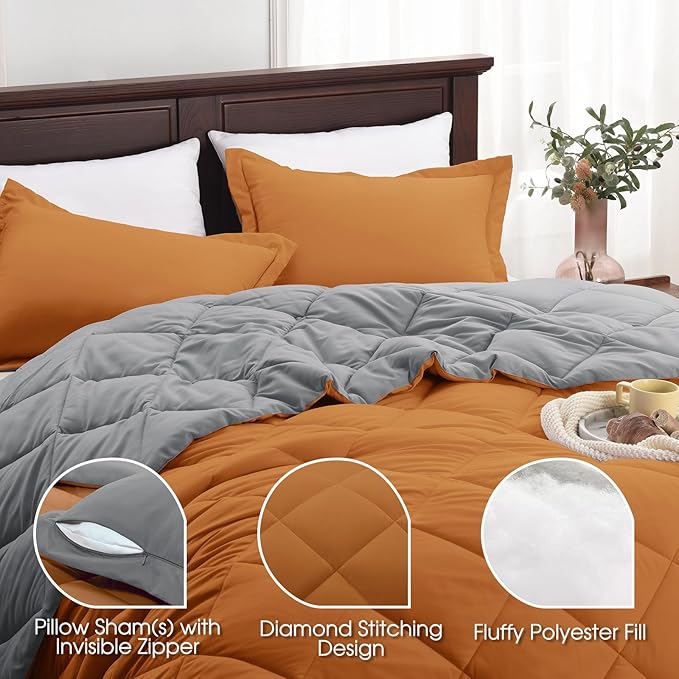 Beyond Basic Twin Comforter Set - Reversible for All Seasons, Burnt Orange/Charcoal Gray, 1 Twin Comforter (66"x92") and 1 Pillow Sham (20"x26"+2")