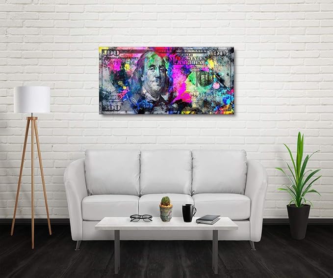 Motivational Canvas Office Art Print Large Size Wooden Framed 100 Bill Cash Benjamin Franklin Dollar Print HD Print Colorful Money Pop Artwork for Bathroom Kitchen Decor Ready to Hang-48 Wx24 H