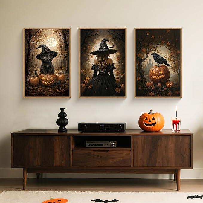 HOURIA Large Halloween Spooky Witch Black Cat Raven Framed Canvas Wall Art Set,Witchy Hat Pumpkin Wall Decor,Full Moon Autumn Forest Artwork,Dark Castle Art Prints for Living Room, Bedroom-16 x24 x3