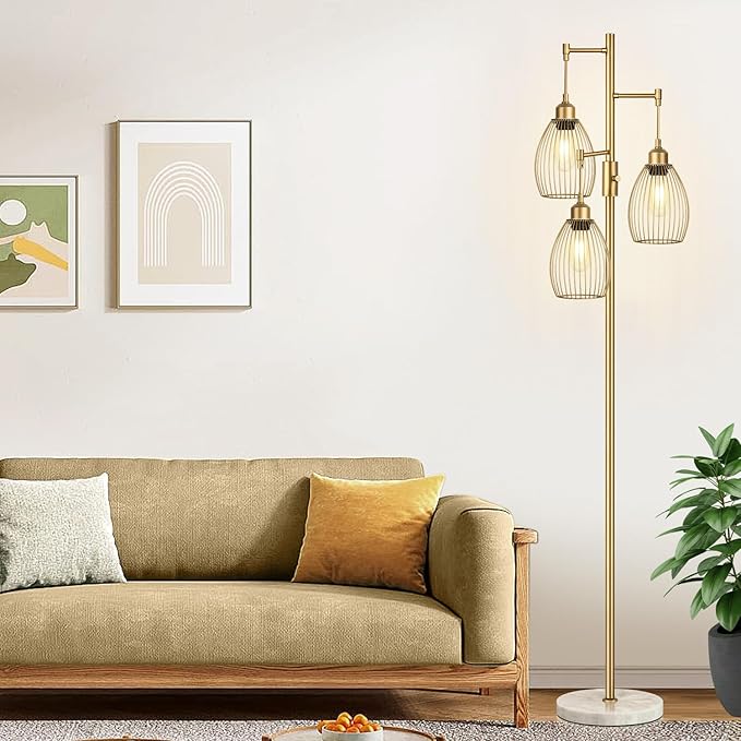 Dimmable Floor Lamps for Living Room, Industrial Standing Lamp with Marble Base, Gold Tree Tall Pole Light with 3 Elegant Teardrop Cage Head & 800 Lumens LED Bulbs for Bedroom Office