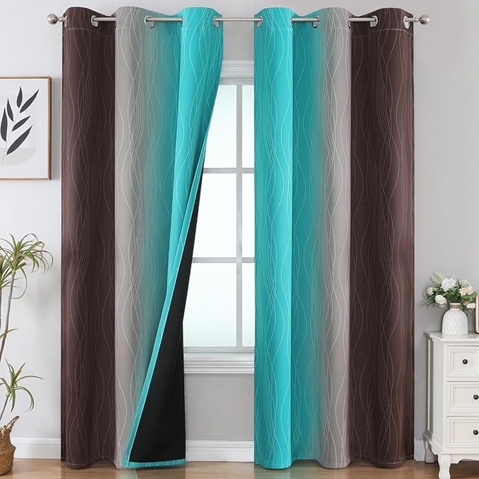 Estelar Textiler Brown and Teal Room Darkening Blackout Curtains 84 Inch Length 2 Panels Set for Living Room, Thermal Insulated Ombre Light Blocking Grommet Blackout Drapes for Bedroom, 42Wx84L