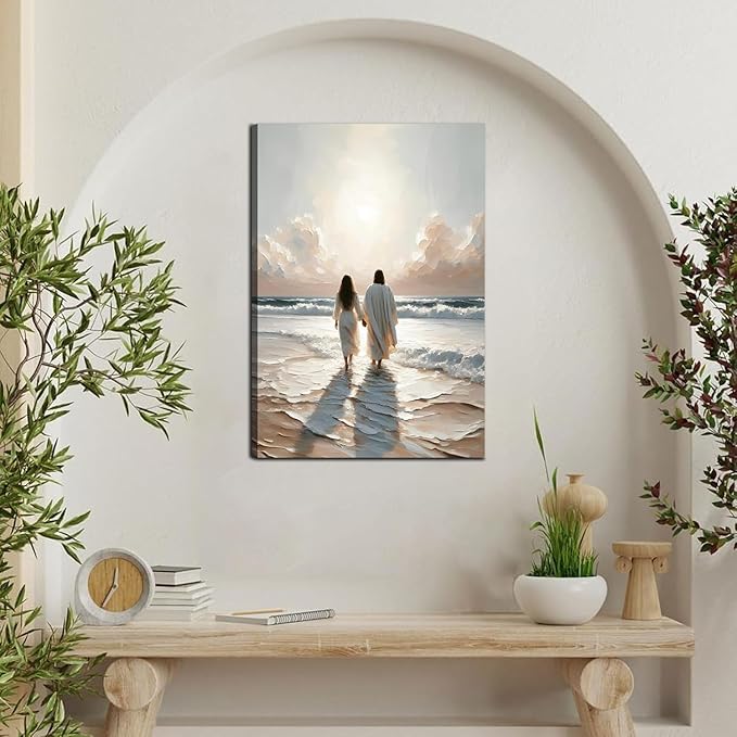 Jesus Canvas Wall Art and Woman Walking on Water Religious Coastal Wall decor pictures Christian Painting poster prints for living room bedroom Home Decoration Ready to hang (12inx16in Canvas)
