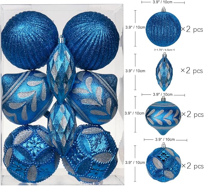 8PCS 4" Christmas Ball Ornaments Shatterproof Blue Christmas Tree Decorations Xmas Tree Balls Halloween Ornaments Décor