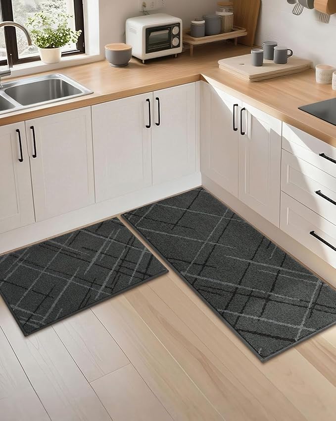 COSY HOMEER Kitchen Mats, 2 PCS Kitchen Rug Non Slip Washable, Absorbent Runner Rugs for Kitchen Floor, Polyester Kitchen Sink Rug 20"x32" + 20"x48"(Grey)