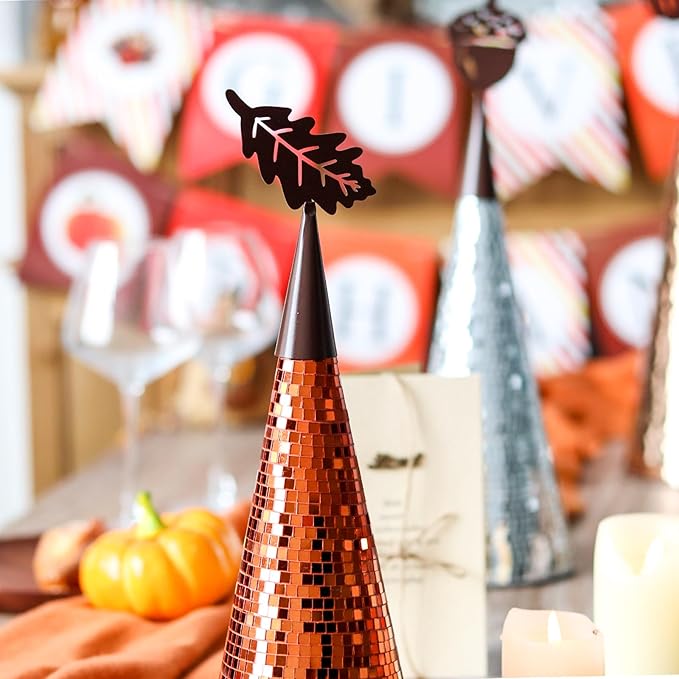 WDHODEC Fall Table Decor Tree 3PCS, Handmade Fall Halloween Table Centerpiece Decorations, Tabletop Disco Ball Tree for Autumn Party, Wedding, Indoor Outdoor Thanksgiving Decor Orange Brown Silver