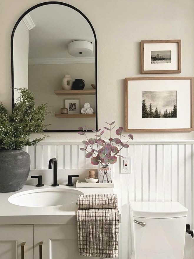 Artificial Eucalyptus Stems in Glass Vase with Faux Water, 14" Fake Plants for Home Decor, Coffee Table Centerpieces, Office, Bathroom & Farmhouse Weddings - Faux Plants Decorations