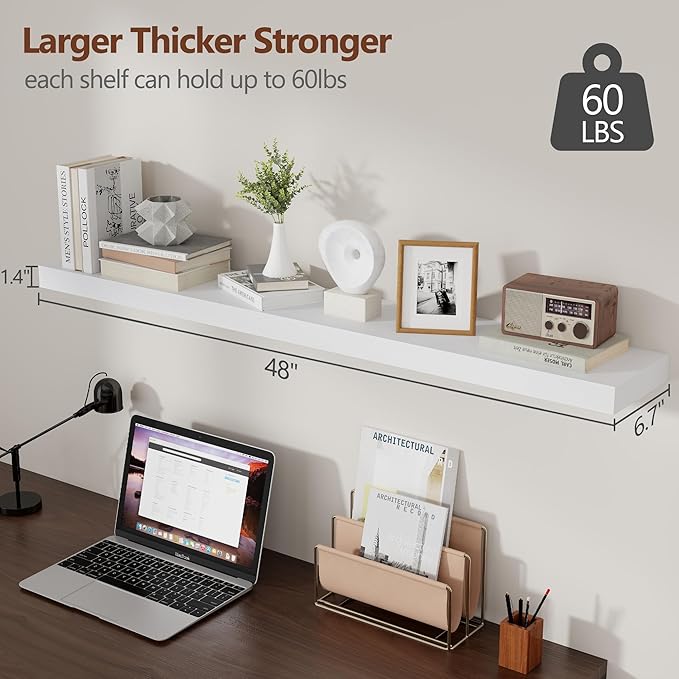 White Floating Shelves 48 Inch Set of 2, Solid Wood Wall Mounted Shelves 48 Inches Long, Modern Floating Shelves for Bedroom Living Room Bathroom - White