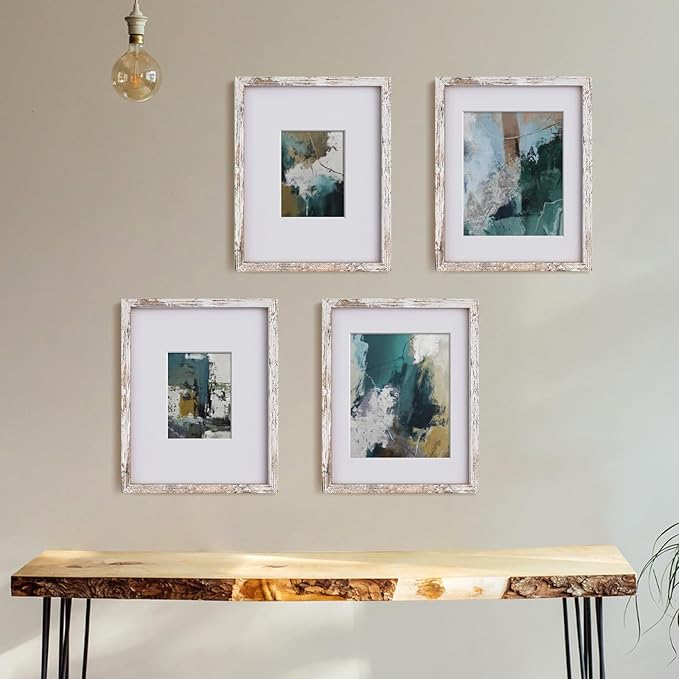 Egofine 11x14 Picture Frame Rustic White 4 Pack - Photo Frame Made of Solid Wood Covered by Plexiglass for Table Top Display Pictures 5x7/8x10 with Mat or 11x14 Without Mat - with Wall Mounting