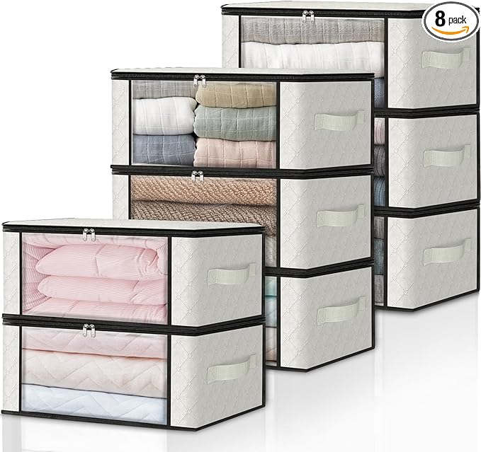 HomeHacks Storage 8-Pack Clothes Organizer Storage Bags Foldable Storage Box with Large Clear Window Sturdy Handles for Closet, Dorm, Pillows, Bedding, Clothes, Blankets, 35L, Ivory
