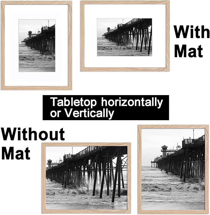 5x7 Natural picture frame with mat 4x6 set of 4, Modern Style Wood Composite frames-Tempered Glass Table or wall-horizontal or vertical frames best gift home decor