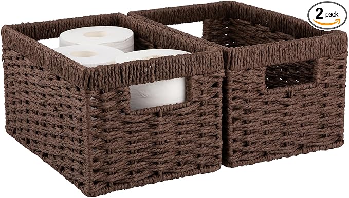 OIAHOMY Wicker Baskets, Paper Rope Storage Baskets for Organizing with Built-in Handles, 2 Packs-Brown