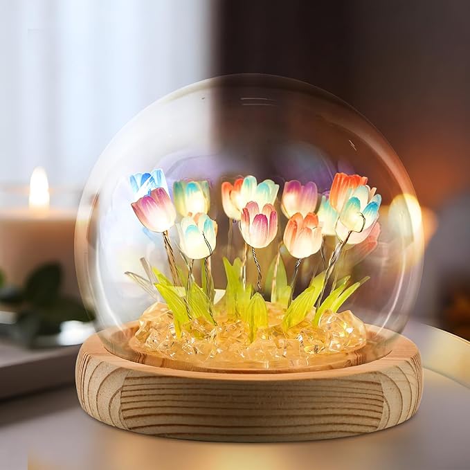ONXE Birthday Flower Gifts for Mom,Tulips Night Light Small Glass Flower Lamp with Wooden Base for Home Decor Romantic Unique Christmas Gift for Women Girlfriend Sister Grandma Wife Her