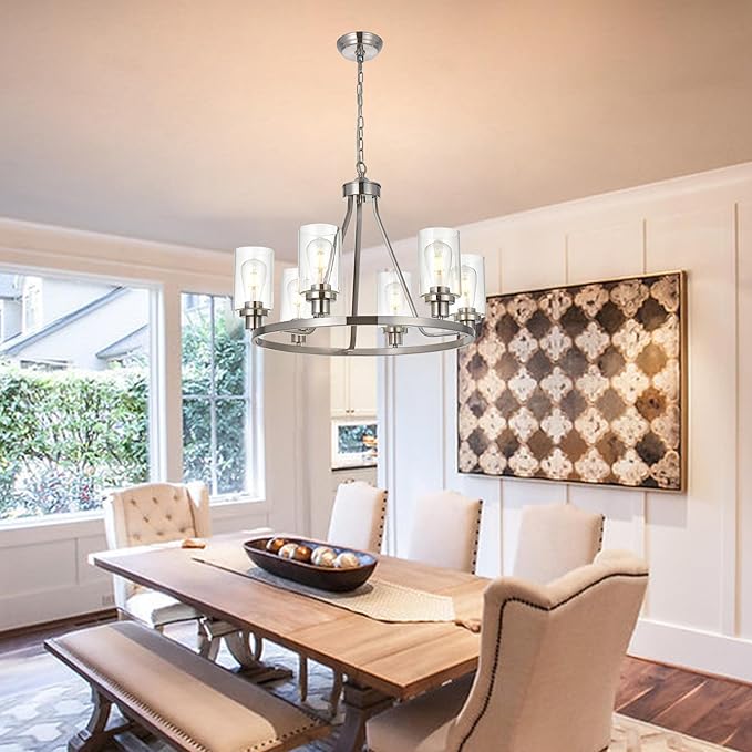 MELUCEE 6 Lights Round Chandelier Brushed Nickel Island Lighting Dining Room Lighting Fixtures Hanging Glass Pendant Light for Kitchen Living Room Bedroom