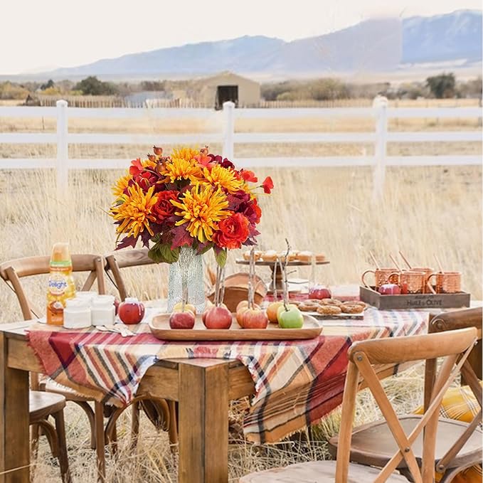 2 Bundles Artificial Fall Flowers Mixed Bush Artificial Chrysanthemum with Fake Roses Autumn Faux Flowers for Cemetery Grave Home Office Wedding Floral Arrangements Decor (19.29")