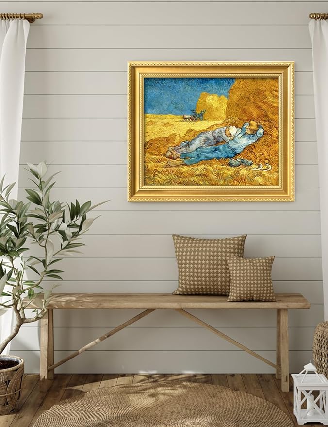 DECORARTS - Noon: Rest from Work by Vincent Van Gogh. Giclee Print on Acid-Free Canvas in Gold Solid Wood Frame. Picture Size: 20x16, Total Size: 24.75x20.75, Made in USA