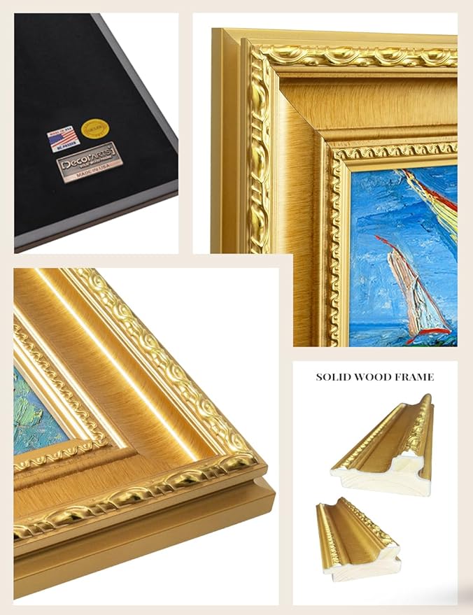 DECORARTS - Fishing Boats at Sea by Vincent Van Gogh. Giclee Print on Acid-Free Canvas in Gold Solid Wood Frame. Picture Size: 20x16, Total Size: 24.75x20.75, Made in USA