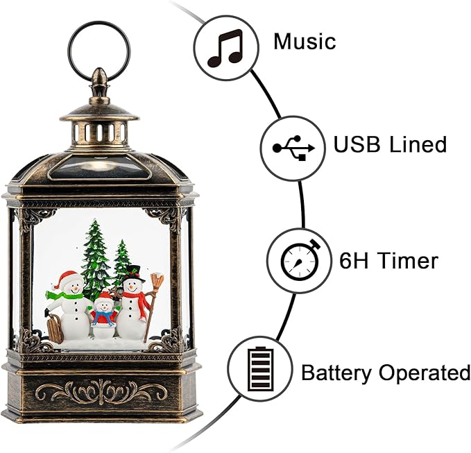 Christmas Snow Globe Lantern Water Glittering Snowman Family with Music & Timer, USB Lined/Battery Operated Lighted Lantern for Christmas Festival Decoration Gifts