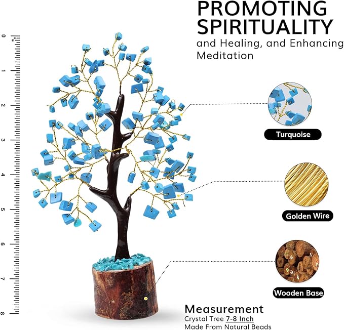 NARIBABU Turquoise Crystal Tree (7–8 Inch, 100 Chips) – Handmade Gemstone Tree with Raw Stones & Golden Wire – Gift for Her, Birthday Gifts for Women, Spiritual Home Decor