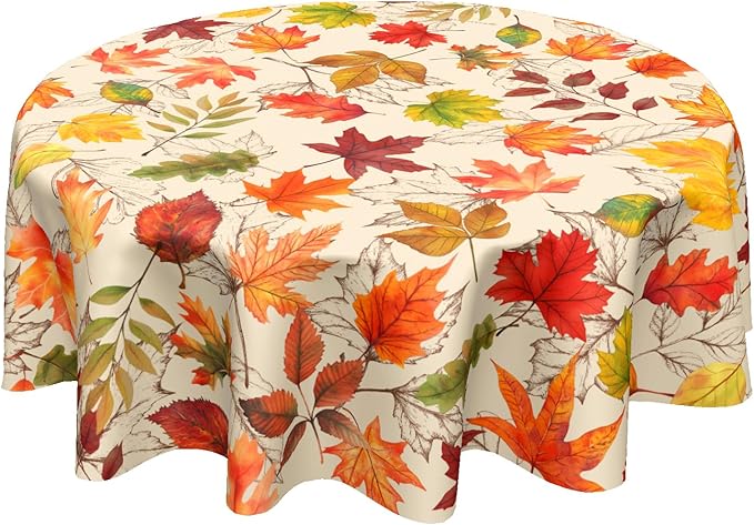 Fall Round Tablecloth 60 Inch Autumn Maple Leaf Table Cloth Round Orange Autumn Thanksgiving Harvest Themed Decorative Tablecloths Fall Circle Table Cover for Home Kitchen Dining Room Living Room