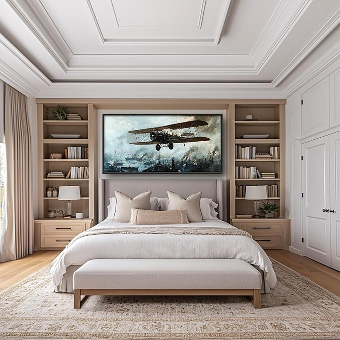 Flintis Large old Biplane Framed Wall Art Vintage Aircraft Pictures Wall Decor Abstract Airplane Poster Canvas Painting Print Artworks Framed for Living Room Bathroom Master Bedroom 60L X 30W