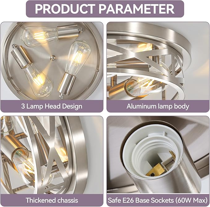 13 inch Brushed Nickel Flush Mount Ceiling Light Fixtures,3-Light Industrial Farmhouse Ceiling Light Fixture,Brushed Nickel Light Fixture Ceiling Mount for Kitchen Bedroom Living Room Hallway 2 Pack