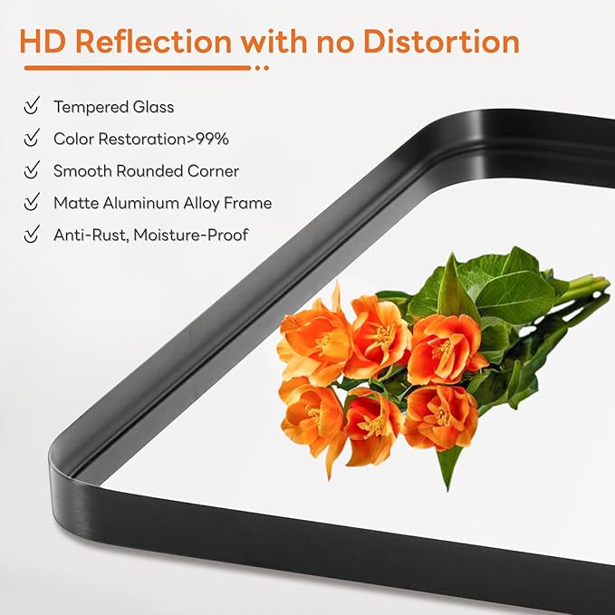 Bathroom Mirror 36x24 Inch Black Metal Framed Rounded Rectangle Vanity Mirror for Wall, Over Sink, Farmhouse, Restroom, Anti-Rust, Modern Decorative, Horizontal or Vertical Hanging