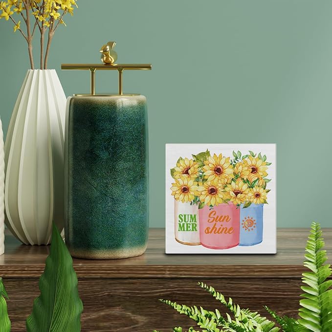 Summer Decor - Sunflower Decorations Summer Sunshine Wooden Sign Home Shelf Desk Decor 5 X 5 Inches