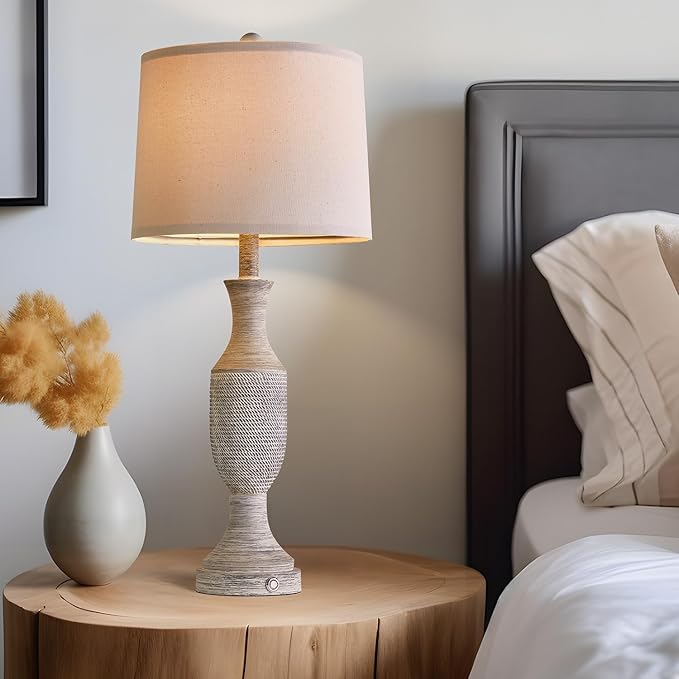 OYEARS 27.75”Touch Table Lamp 3 Way Dimmable Free Control,Beside Lamps with USB Ports Outlets,Lamp Bedroom Set 2,Farmhouse Lamp for Bedroom,Living Room,Vintage Office Linen Fabric Shade Resin Base