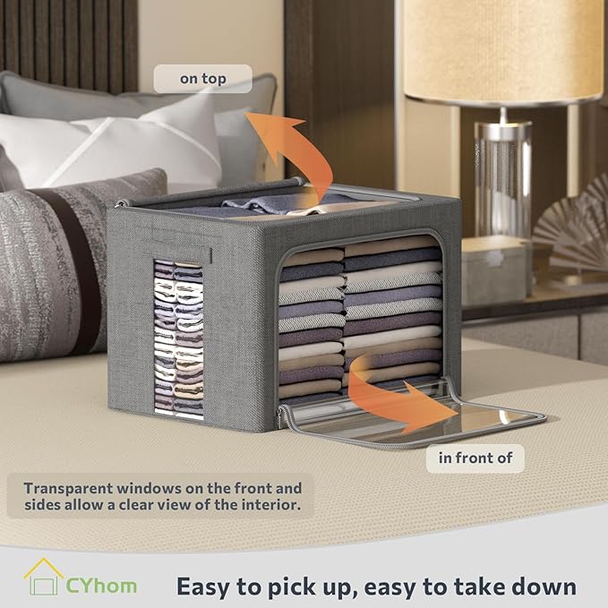 Clothes Storage Bins Box - Linen Fabric Foldable Stackable Container Organizer Set with Clear Window & Carry Handles & Metal Frame - 2Pack Large Capacity for Bedding, Blankets, Books