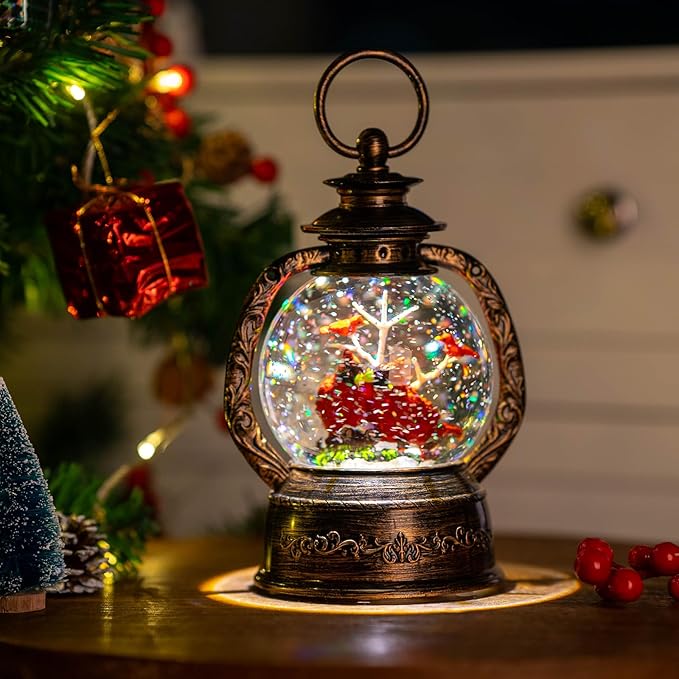 Musical Snow Globe Lantern Lighted 2 Cardinal Christmas Snow Water Lantern Swirling Glittering Home Decoration and Gift, Battery Operated or USB Powered