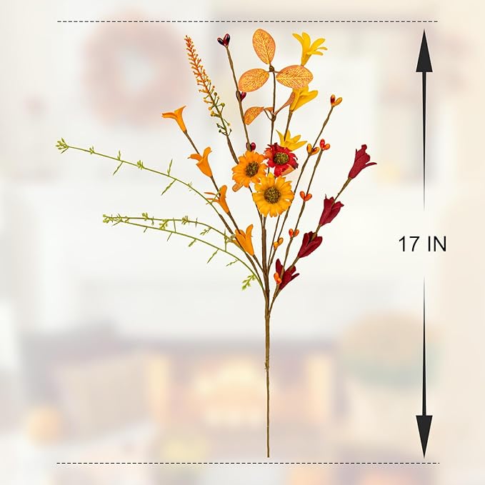 12 PCs Artificial Fall Flowers 17 Inches Vintage Autumn Stems Rustic Fall Floral Picks with Orange Forsythia Daisy Flowers Wildflower Stems for Farmhouse Indoor Vase Table Centerpieces Decor