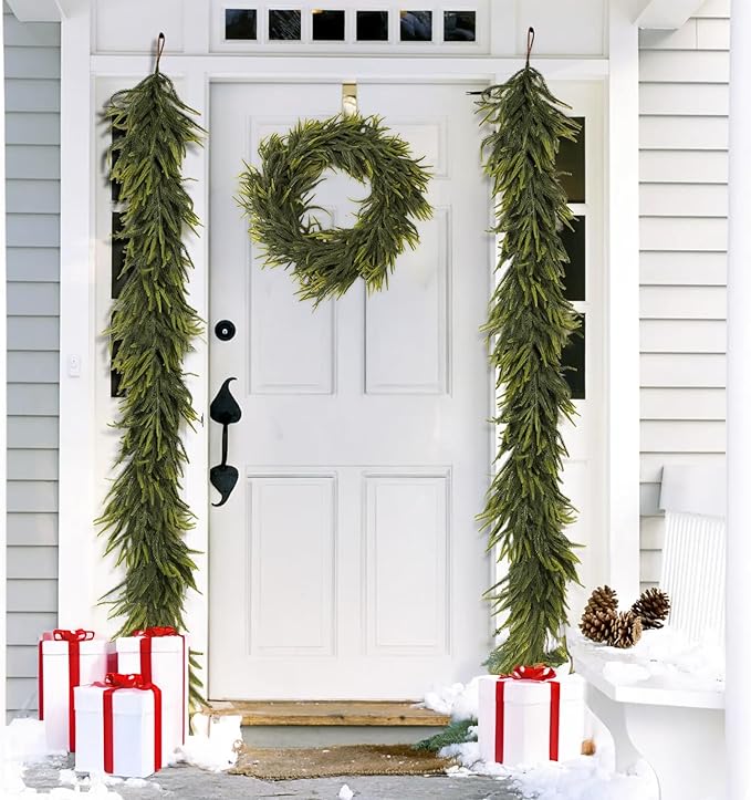 N&T NIETING 2 PCS Christmas Garland Norfolk Pine Garland Real Touch Faux Christmas Greenery Xmas Garland for Mantle, Table Holiday Winter Indoor Outdoor Christmas Decorations (9 FT)