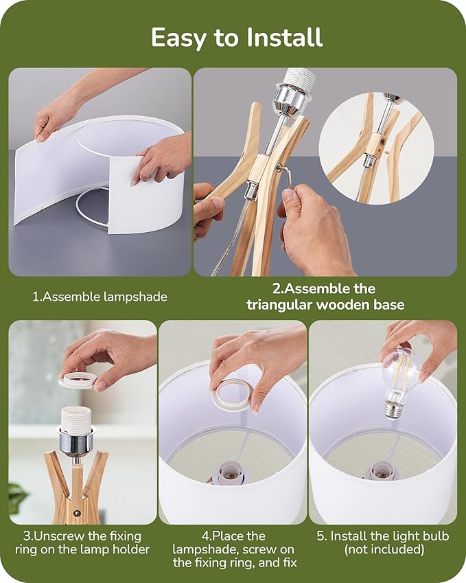 EDISHINE Modern Tripod Table Lamp, 17.5" Bedside Lamp with Natural Wood Light Legs & White Linen Lampshade, Nightstand Lamp for Bedroom, Living Room, Reading Room, E26 Base