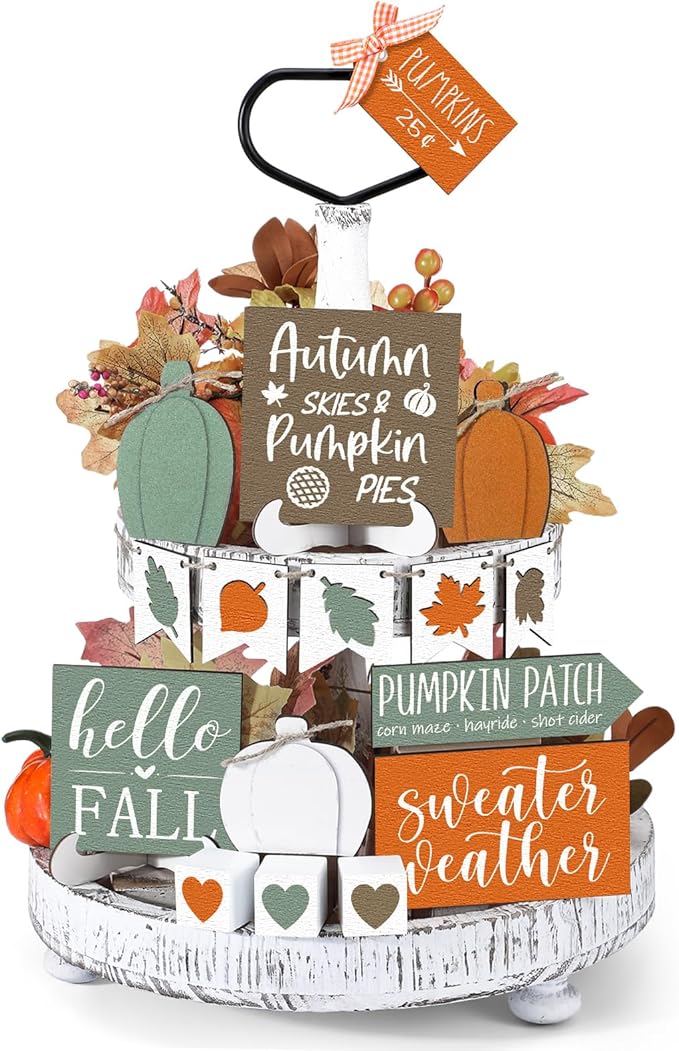 Sumind 15 Pcs Fall Tiered Tray Decor Set Fall Decorations for Home Autumn Wood Signs Thanksgiving Orange Brown Table Signs Farmhouse Wooden Maple Pumpkin Gnomes Tabletop for Festival(Heart)
