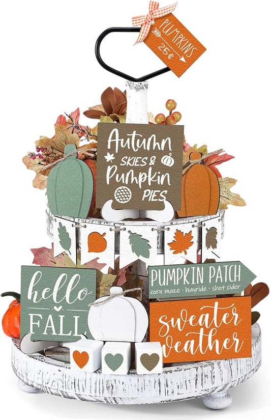 Sumind 15 Pcs Fall Tiered Tray Decor Set Fall Decorations for Home Autumn Wood Signs Thanksgiving Orange Brown Table Signs Farmhouse Wooden Maple Pumpkin Gnomes Tabletop for Festival(Heart)
