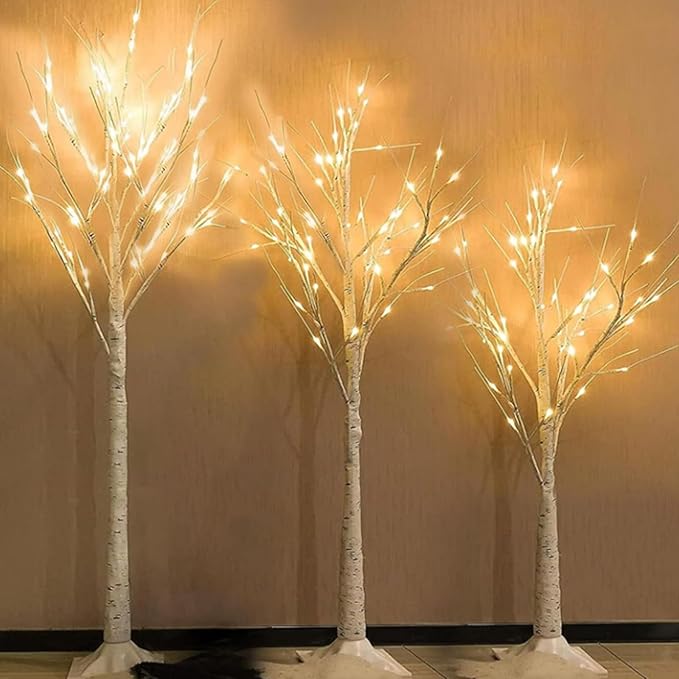 Set of 3 Lighted Birch Tree 4FT 5FT and 6FT, Higher Size, Timer Function Birch Christmas Tree with 144 LED Warm White Lights for Indoor Christmas Decorations Outdoor Yard Garden Home Bedroom Party