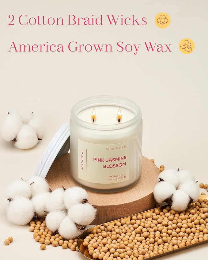 M&SENSE Pink Jasmine Rose Scented Candle - 11.6oz Natural Soy Wax 70-Hour Long Lasting Burn Time, 2-Wick Spring Non-Toxic Candle for Home Decor Flower Scent Gifts for Women Teacher