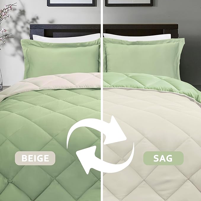 HIG 3pc Sage Green Queen Size Comforter Set-All Season Reversible Down Alternative Comforter with Two Shams -Quilted Duvet Insert with Corner Tabs - Diamond Stitched Blanket - Breathable, Soft, Fluffy